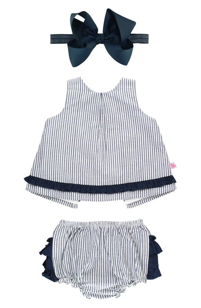 Rufflebutts Stripe Cotton Seersucker Swing Top, Bloomers & Headband Set In Blue