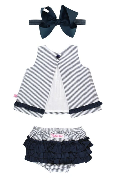 Rufflebutts Stripe Cotton Seersucker Swing Top, Bloomers & Headband Set In Blue