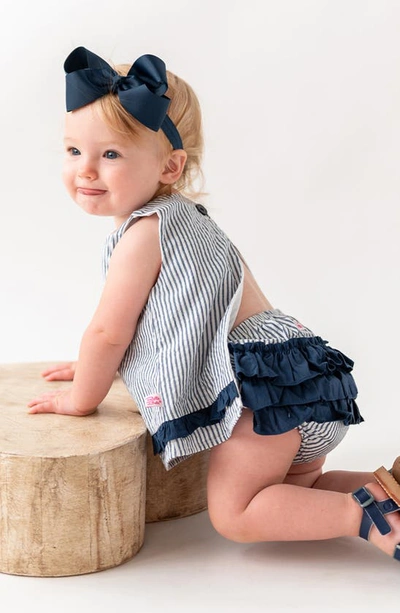 Rufflebutts Stripe Cotton Seersucker Swing Top, Bloomers & Headband Set In Blue