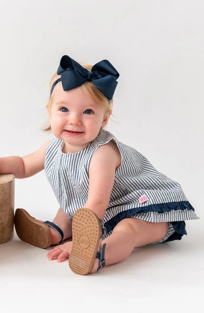Rufflebutts Stripe Cotton Seersucker Swing Top, Bloomers & Headband Set In Blue
