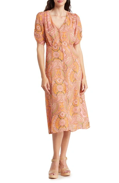 Shop Bcbgeneration Puff Sleeve Button Front Midi Dress In Retro Paisley