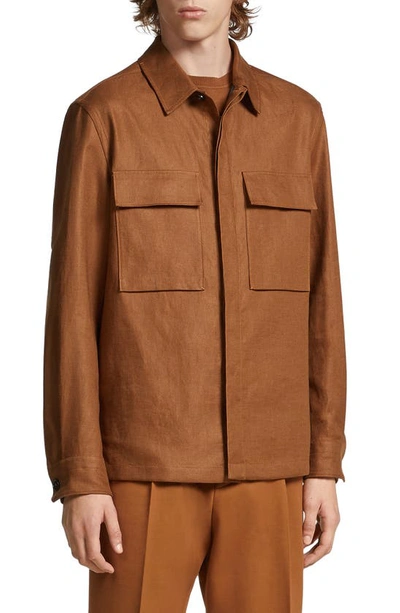 Shop Zegna Double Layer Linen Twill Overshirt In Vicuna