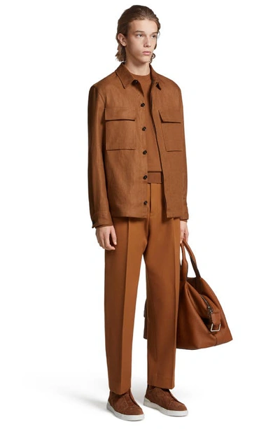 Shop Zegna Double Layer Linen Twill Overshirt In Vicuna