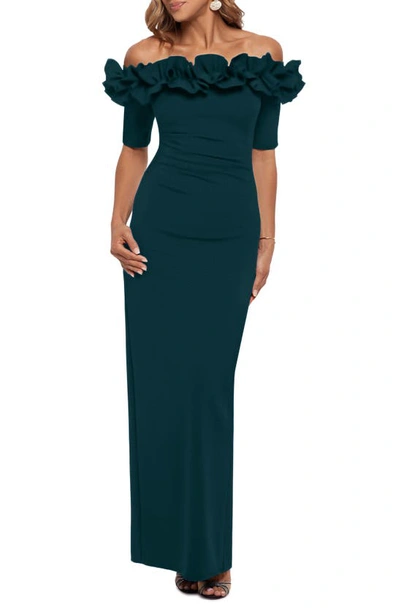 Shop Xscape Evenings  Ruffle Off The Shoulder Crepe Column Gown In Pine