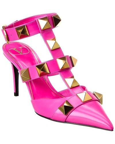 Shop Valentino Roman Stud 80 Leather Ankle Strap Pump In Pink