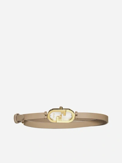 Shop Fendi O'lock Vertical Leather Watch In Beige,gold,silver