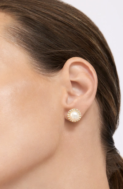Adornia 14k Yellow Gold Plated Cz 5mm Freshwater Pearl Halo Earrings In White