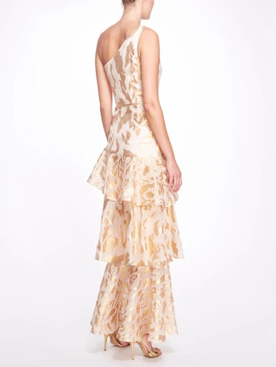 Shop Marchesa One Shoulder Asymmetrical Tiered Gown In Champagne