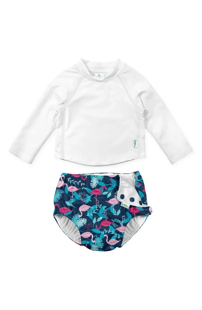 Shop Green Sprouts Long Sleeve Rashguard & Reusable Swim Diaper Set In Navy Flamingos