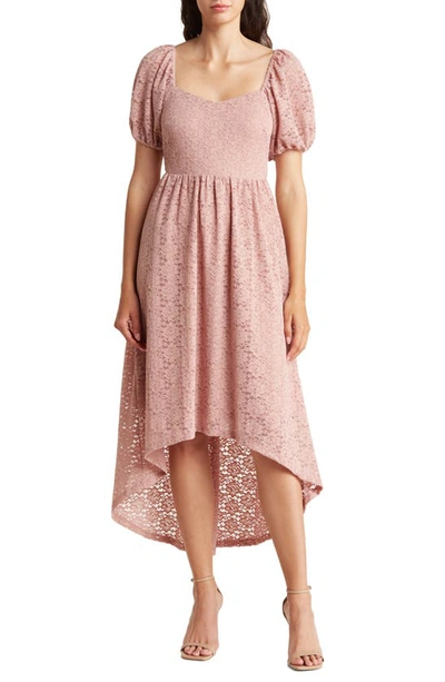 Shop Nsr Evelyn Puff Sleeve Lace High-low Dress In Mauve