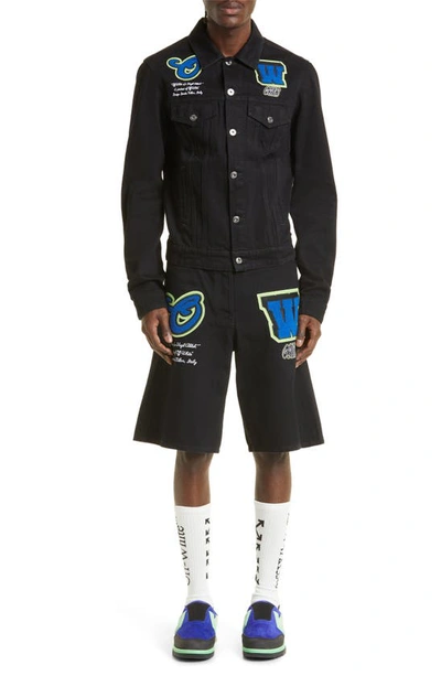 Shop Off-white Varsity Patch Denim Shorts In Black Blue
