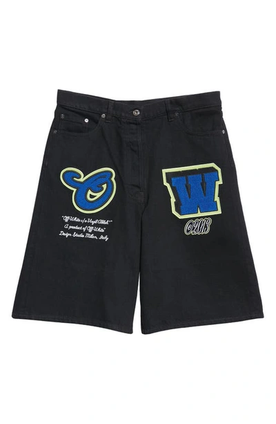 Shop Off-white Varsity Patch Denim Shorts In Black Blue