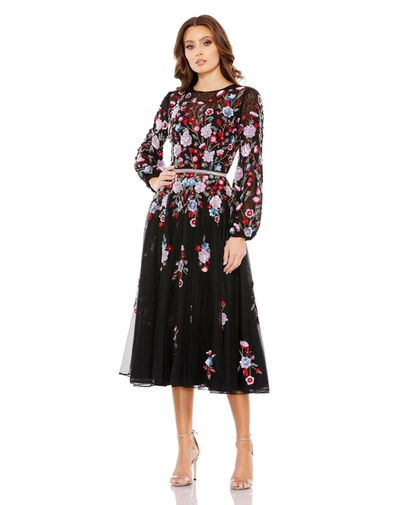 Mac Duggal Sequined Floral High Neck Puff Sleeve Midi Dress In Black Multi