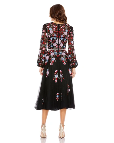 Mac Duggal Sequined Floral High Neck Puff Sleeve Midi Dress In Black Multi