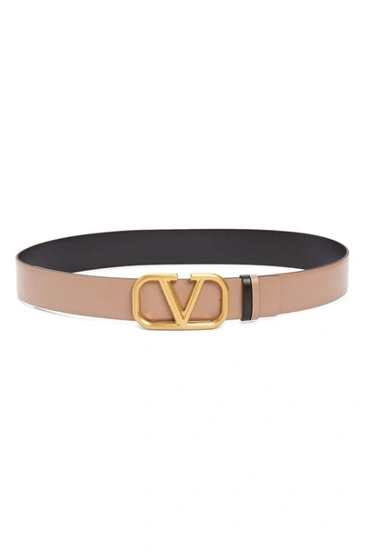 Shop Valentino Vlogo Buckle Reversible Leather Belt In Lc8 Smokey Brown/nero