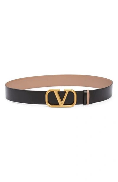 Shop Valentino Vlogo Buckle Reversible Leather Belt In Lc8 Smokey Brown/nero