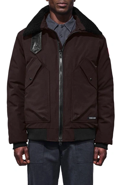 Shop Canada Goose Bromley Slim Fit Down Bomber Jacket With Genuine Shearling Collar In Charred Wood