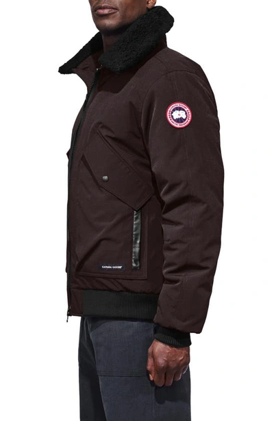 Shop Canada Goose Bromley Slim Fit Down Bomber Jacket With Genuine Shearling Collar In Charred Wood