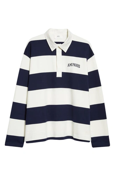Shop Ami Alexandre Mattiussi Rugby Stripe Long Sleeve Cotton Polo In Natural White/ Nautic Blue