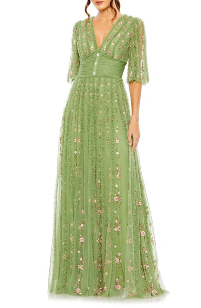 Mac Duggal Floral Ruffle A-line Gown In Moss Green