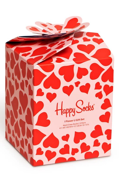 Happy Socks I Flower U Assorted 3-pack Cotton Blend Crew Socks Gift Box In Red