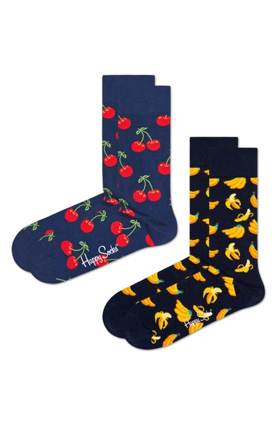 Shop Happy Socks Assorted 2-pack Classic Fruit Jacquard Cotton Blend Crew Socks In Navy