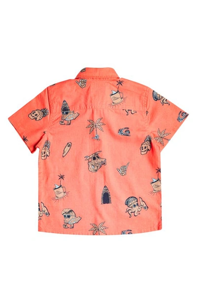 Shop Quiksilver Kids' Nono Surfday Print Short Sleeve Cotton Button-up Shirt In Salmon