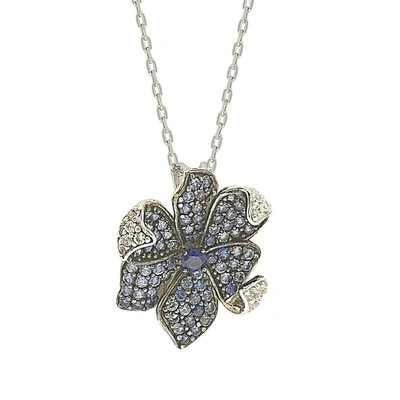 Shop Suzy Levian Sapphire And Diamond Accent In Sterling Silver Petite Flower Pendant In Blue