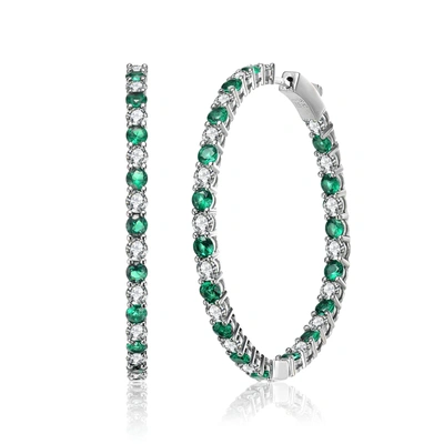 Shop Rachel Glauber Ra Rhodium Plated Emerald Cubic Zirconia Hoop Earrings In Green