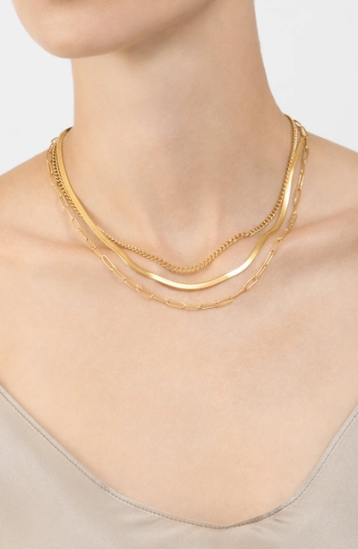 Adornia Curb Chain, Paper Clip Chain, And Herringbone Chain Necklace Set Gold In Yellow