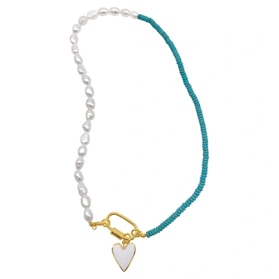 Shop Adornia Turquoise And Freshwater Pearl Lock And Heart Pendant Necklace Gold In Blue