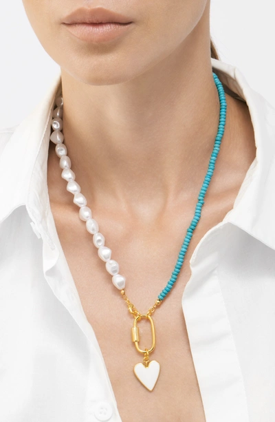 Shop Adornia Turquoise And Freshwater Pearl Lock And Heart Pendant Necklace Gold In Blue