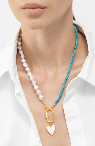 Adornia Turquoise And Freshwater Pearl Lock And Heart Pendant Necklace In Blue