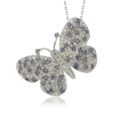 Shop Suzy Levian Sterling Silver Sapphire & Diamond Accent Butterfly Pendant Brooch In Blue