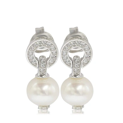 Shop Suzy Levian Sterling Silver Pearl & White Sapphire Circle Earrings In Blue