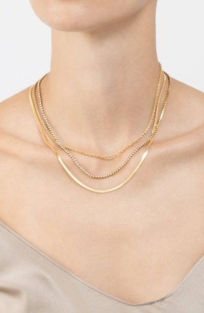Adornia Herringbone Chain, Rope Chain, And Tennis Necklace Set Gold In White