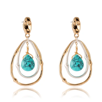 Liv Oliver 18k Gold & Silver Two Tone Oval Turquoise Earrings In Blue