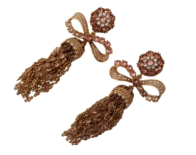 Shop Dolce & Gabbana Dangling Crystals Long Clip-on Jewelry Women's Earrings In Brown