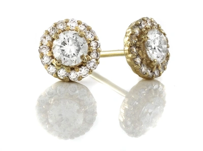 Shop Ariana Rabbani Diamond Solitaire Stud Earrings With Pave Diamonds Yellow Gold In Pink