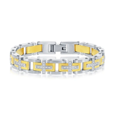 Shop Blackjack Stainless Steel Gold & Silver Cz Cross Link Bracelet In White