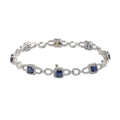Suzy Levian Sterling Silver Asscher Cut Sapphire & Diamond Accent Tennis Bracelet In Blue