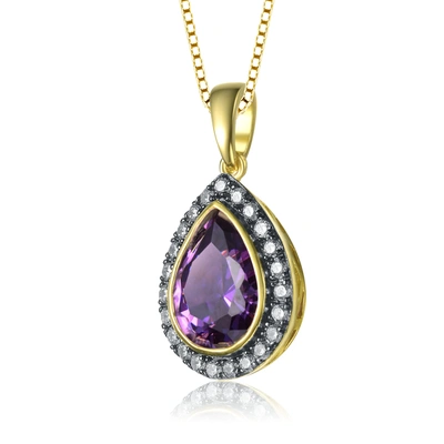 Shop Genevive Yellow Gold Plated Teardrop Shaped Purple Cubic Zirconia Pendant Necklace In Silver