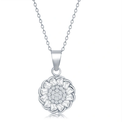 Simona Sterling Silver Micro Pave Center & Baguette Cz Border Flower Design Necklace In Silver