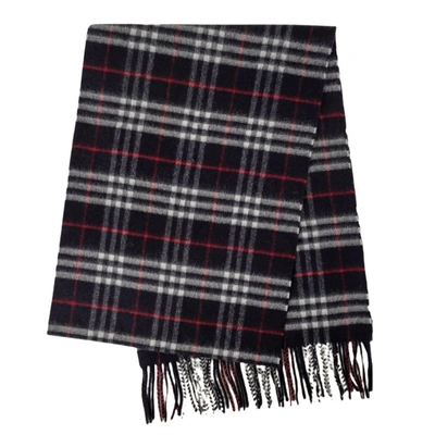 Shop Burberry Navy Vintage Checker Cashmere Long Scarf With Fringe In Multi