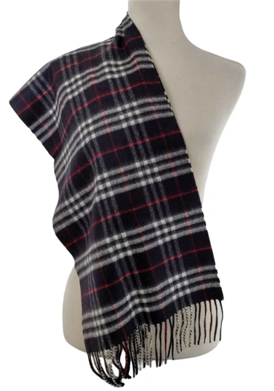 Shop Burberry Navy Vintage Checker Cashmere Long Scarf With Fringe In Multi