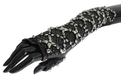 Shop Dolce & Gabbana Leather Crystal Beaded Finger Free Women's Gloves In Black