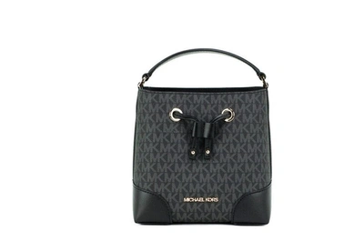Shop Michael Kors Mercer Small Signature Leather Bucket Crossbody Handbag Women's Purse In Black
