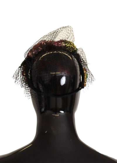 Shop Dolce & Gabbana Flower Sequined Crystals Fascinator Diadem Women's Headband In Black