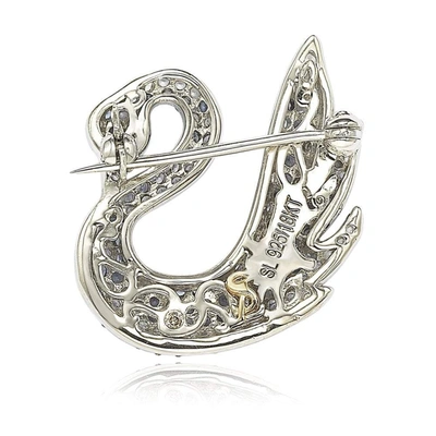 Suzy Levian Sterling Silver Pave Cz Swan Pin In Blue