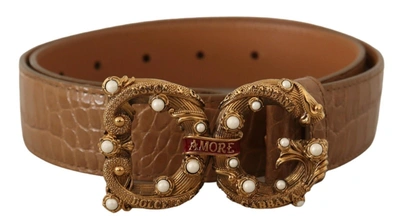 Shop Dolce & Gabbana Crocodile Pattern Leather Logo Amore Women's Belt In Brown